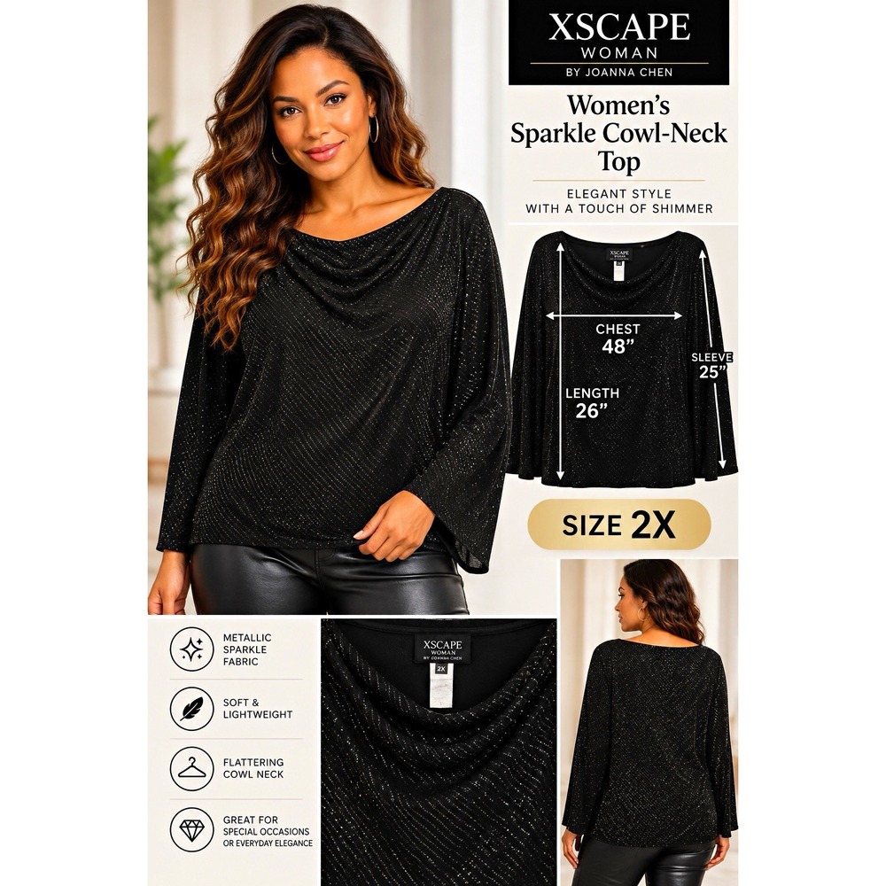 Xscape Woman by Joanna Chen Black Metallic Sparkle Cowl Neck Top Size 2X